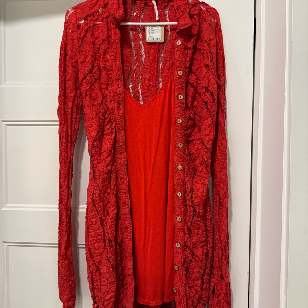 Red Lace Button-Up Cardigan